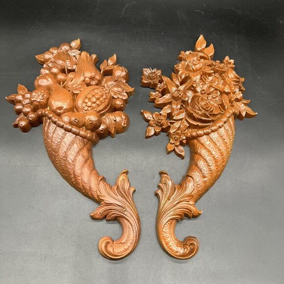Set 2 Vintage Syrocco MCM Wall Hanging Plaques 16" Cornucopia Fruit Flower 1965 - Picture 1 of 13